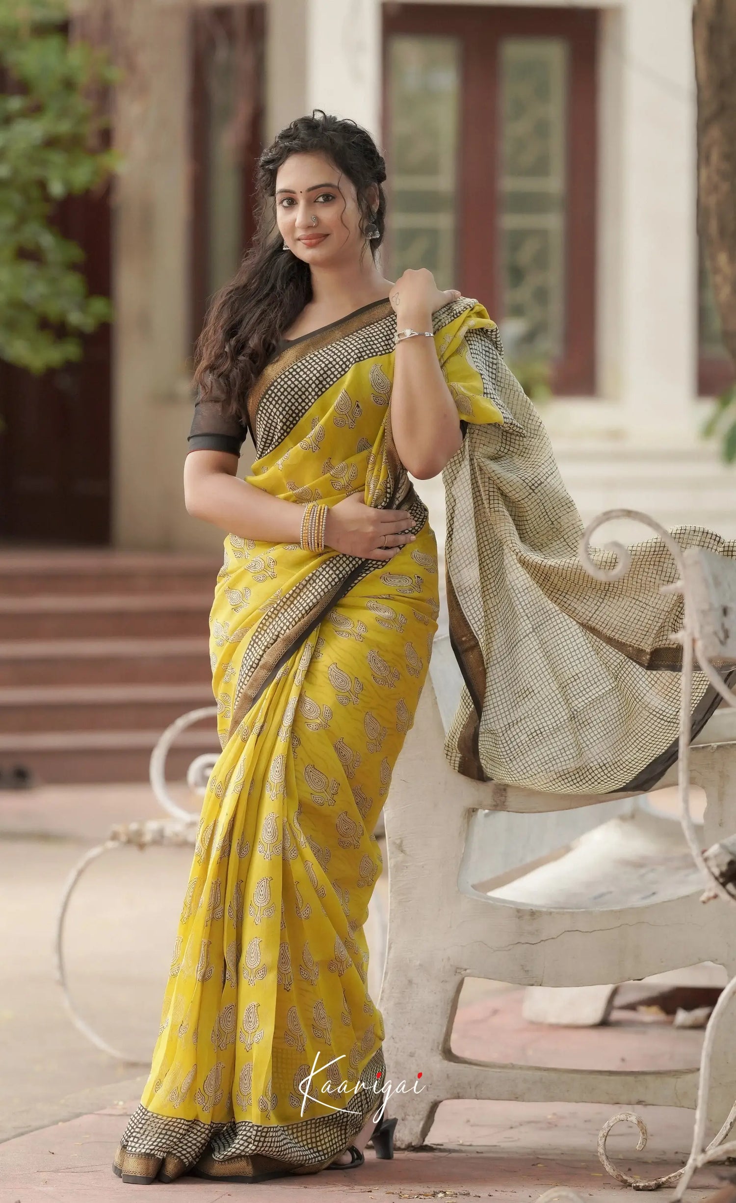 Mayuri Hand Block Printed Maheswari Saree - Yellow And Black Sarees