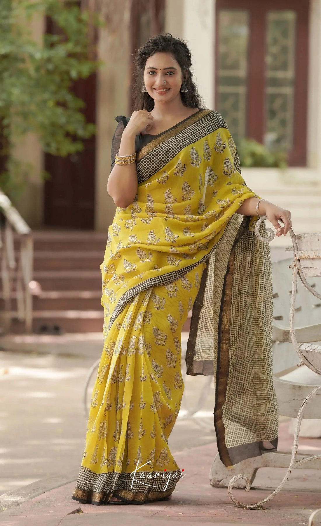 Mayuri Hand Block Printed Maheswari Saree - Yellow And Black Sarees