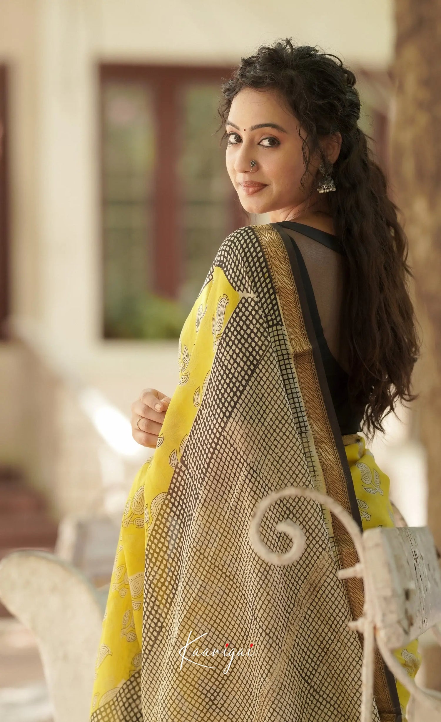 Mayuri Hand Block Printed Maheswari Saree - Yellow And Black Sarees