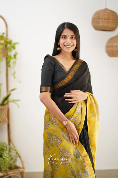 Mayuri Maheswari Silk Cotton Saree - Black And Yellow Sarees