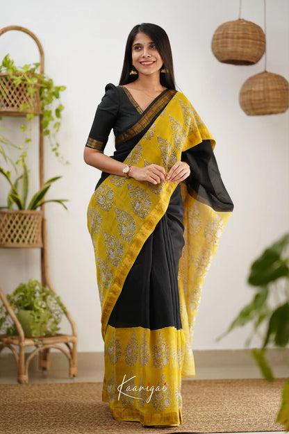 Mayuri Maheswari Silk Cotton Saree - Black And Yellow Sarees