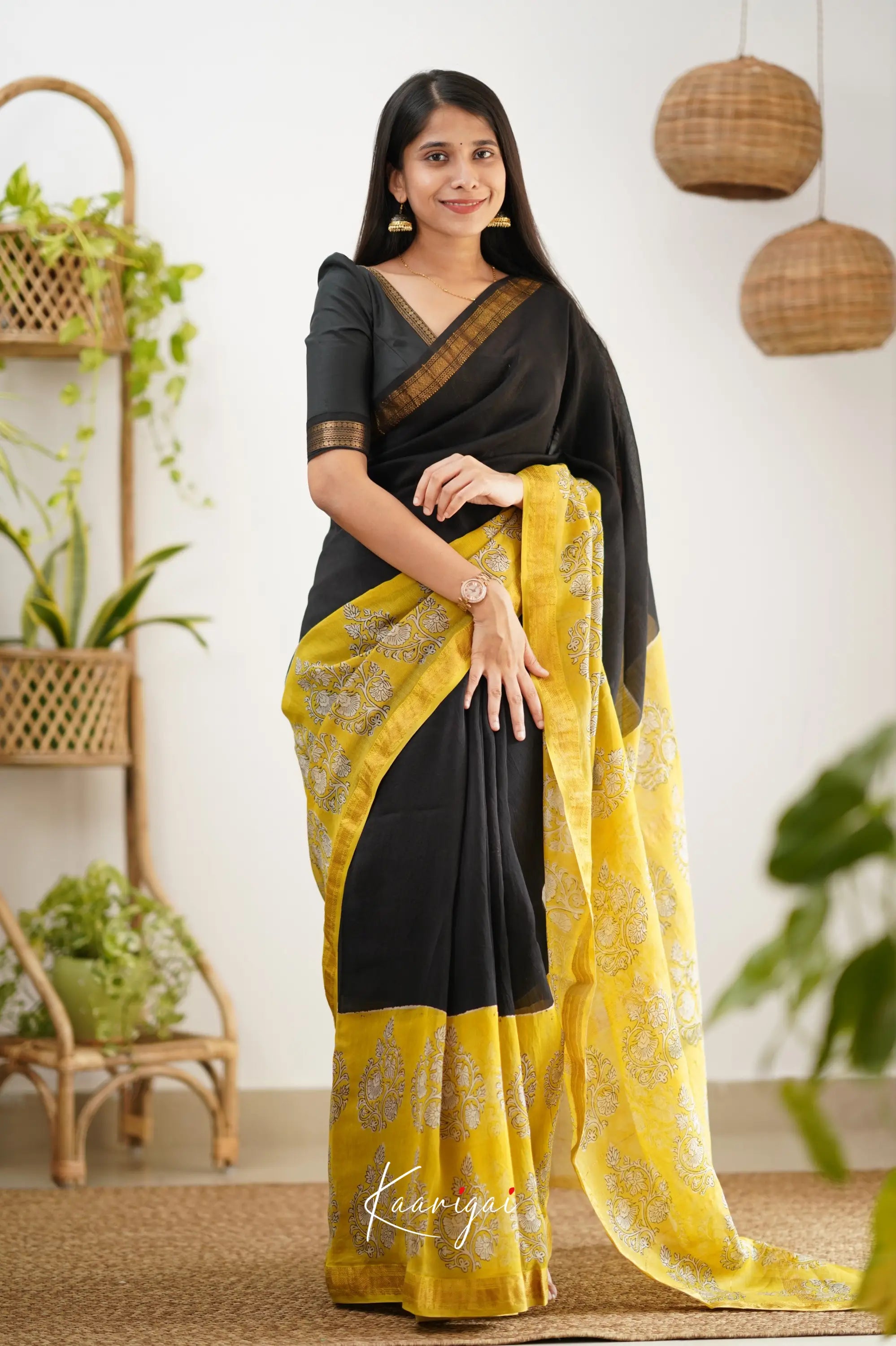 Mayuri Maheswari Silk Cotton Saree - Black And Yellow Sarees