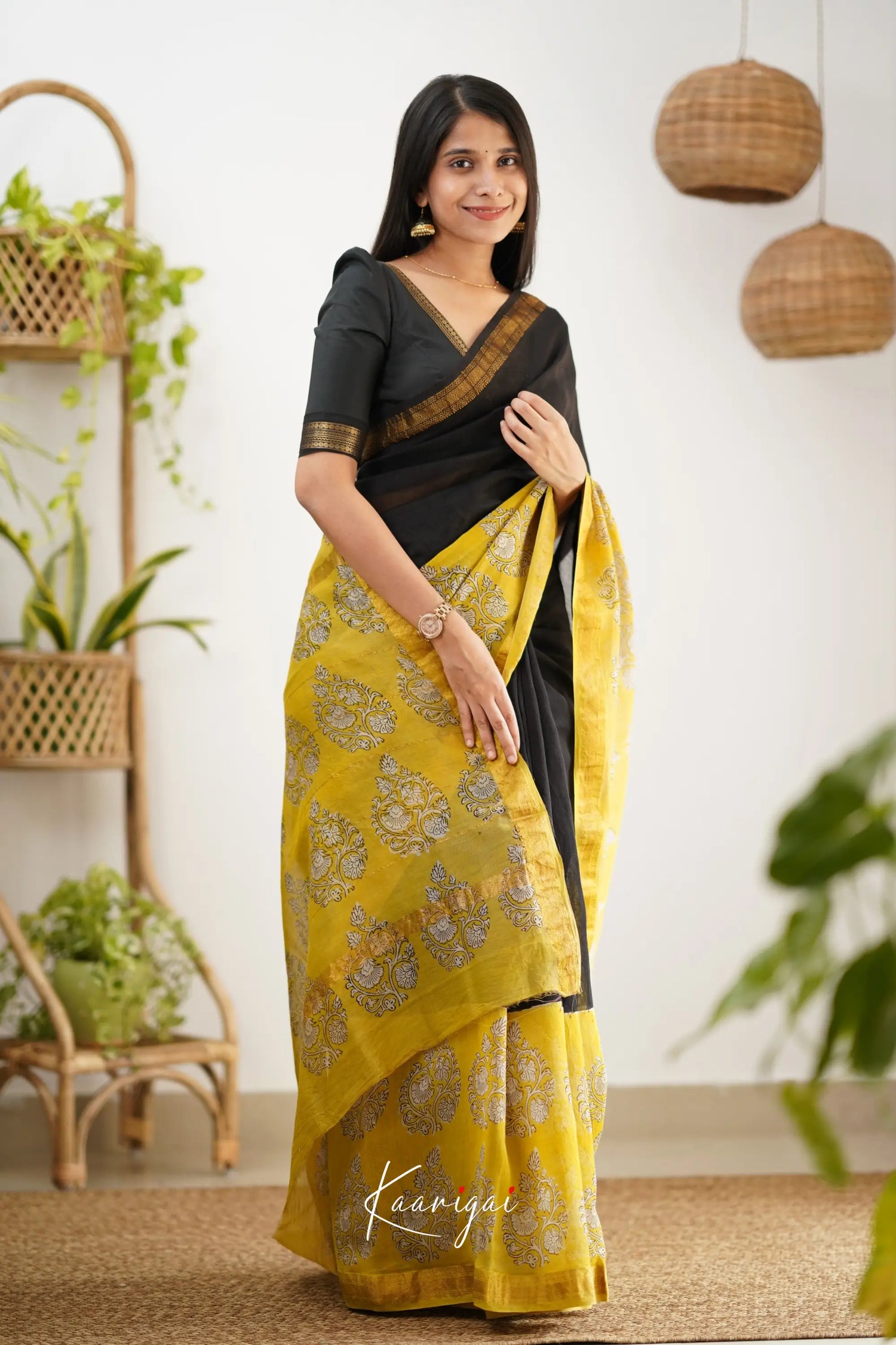 Mayuri Maheswari Silk Cotton Saree - Black And Yellow Sarees