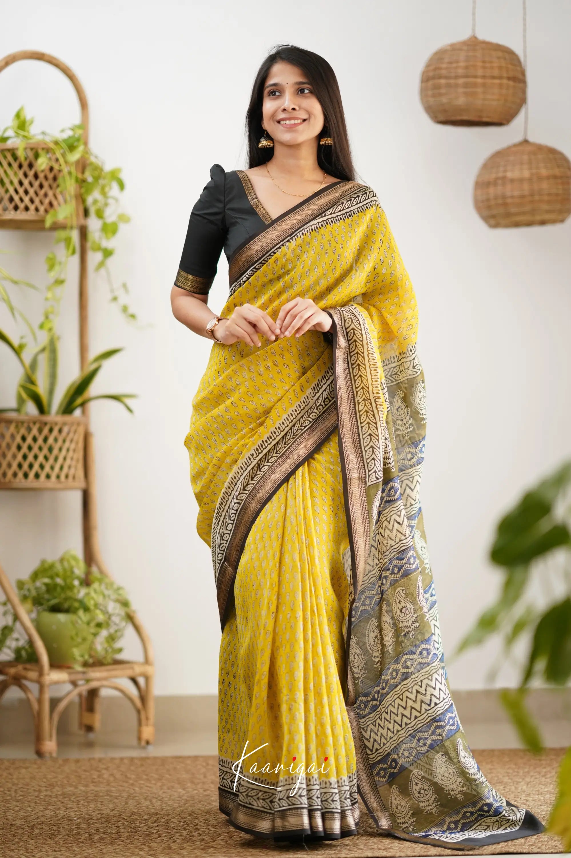 Mayuri Maheswari Silk Cotton Saree - Yellow And Black Sarees