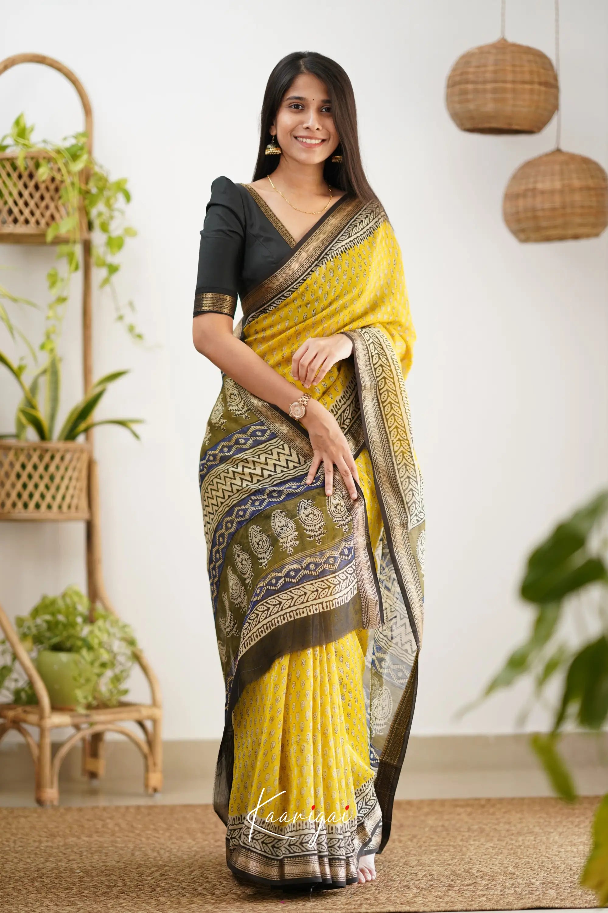 Mayuri Maheswari Silk Cotton Saree - Yellow And Black Sarees