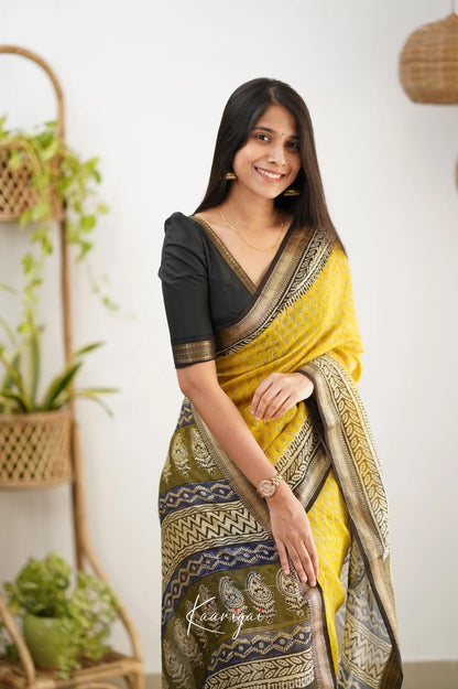 Mayuri Maheswari Silk Cotton Saree - Yellow And Black Sarees