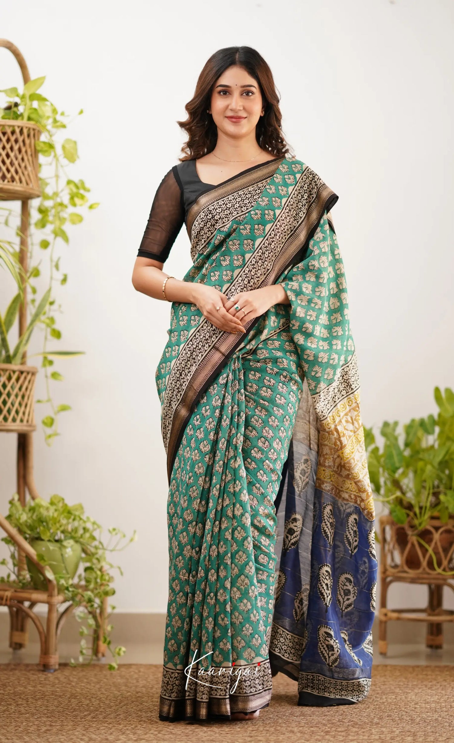 Mayuri Maheswari Saree - Teal Green And Black Sarees