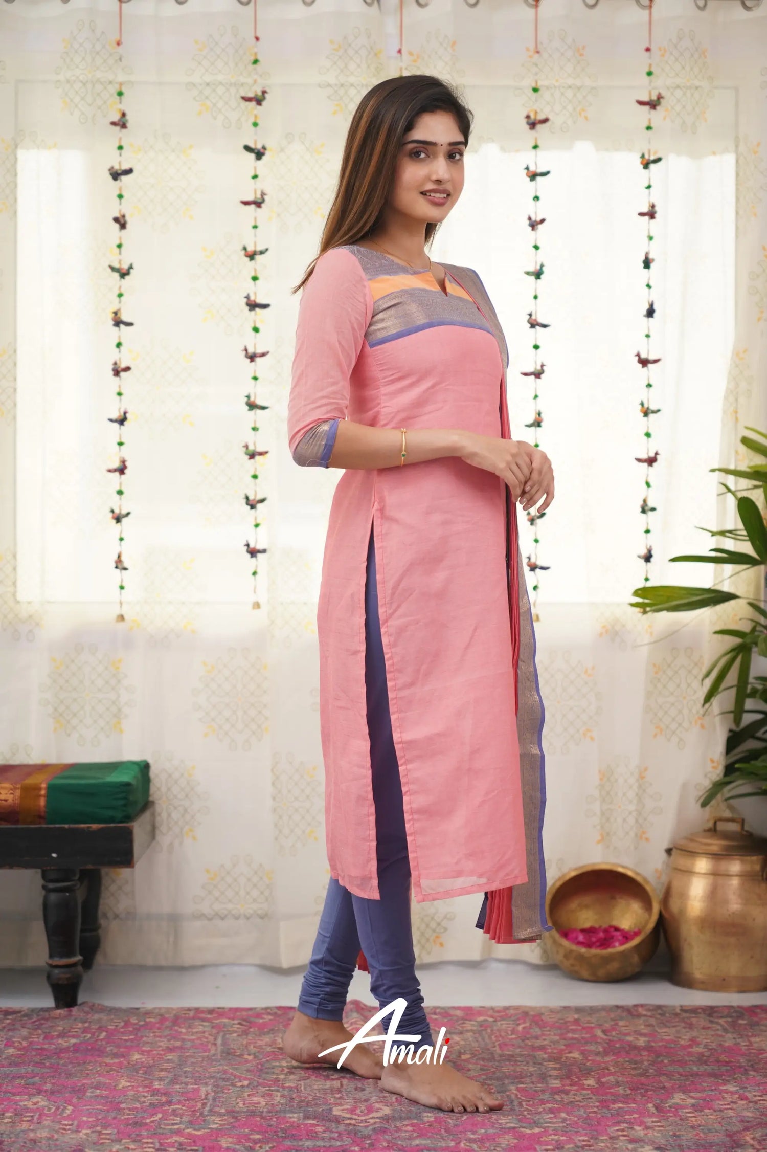 Meera Baby Pink Shade And Blue Tone Cotton Salwar Salwar