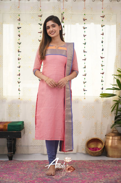 Meera Baby Pink Shade And Blue Tone Cotton Salwar Salwar