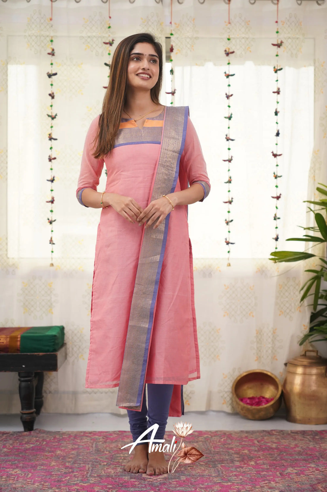 Meera Baby Pink Shade And Blue Tone Cotton Salwar Salwar