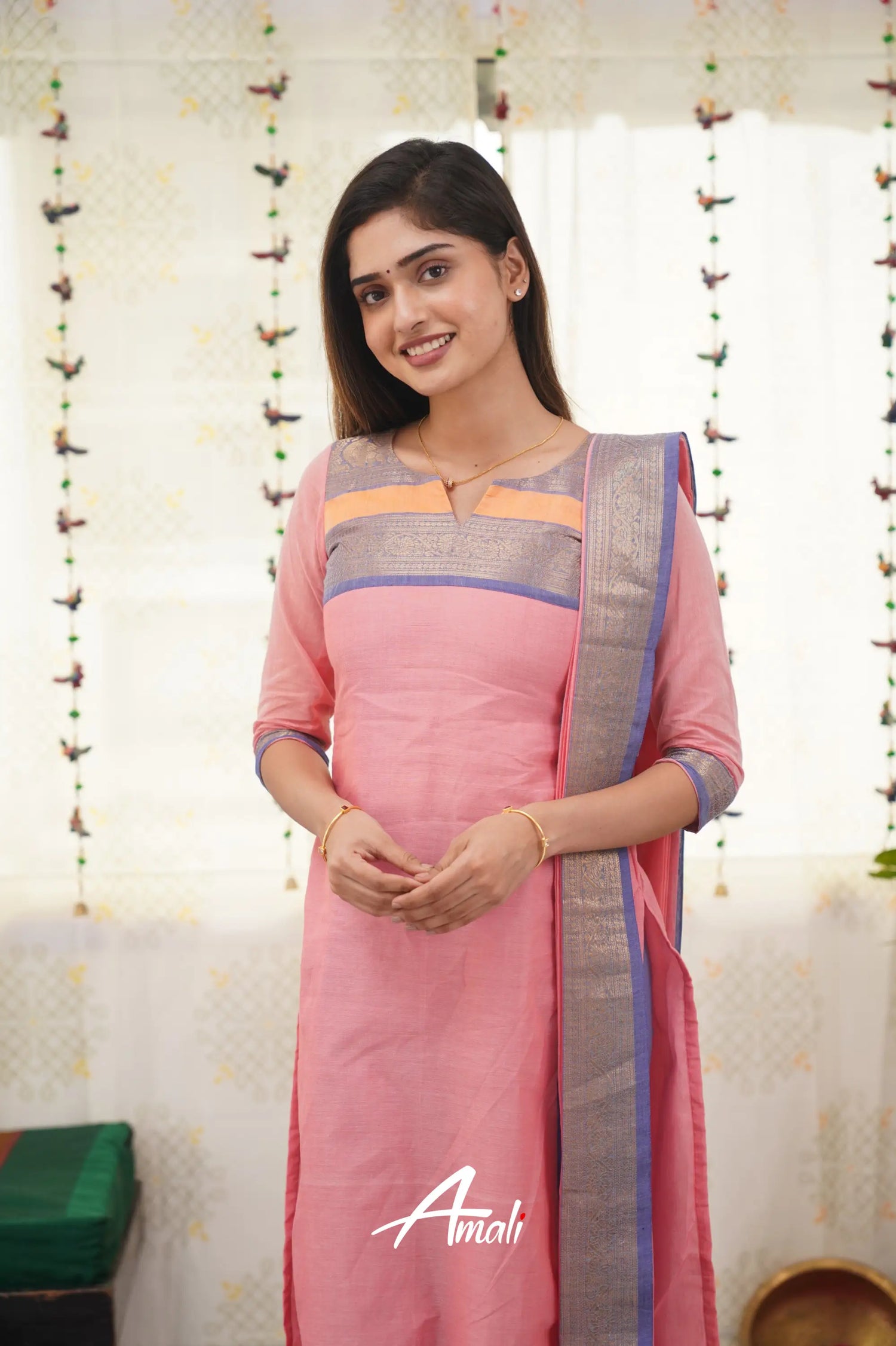 Meera Baby Pink Shade And Blue Tone Cotton Salwar Salwar