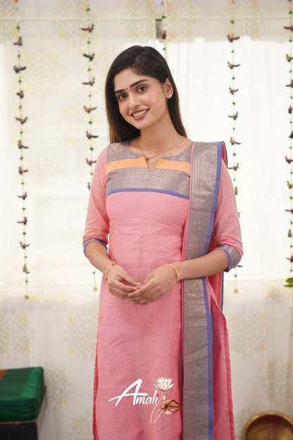 Meera Baby Pink Shade And Blue Tone Cotton Salwar Salwar