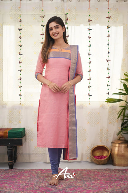 Meera Baby Pink Shade And Blue Tone Cotton Salwar Salwar