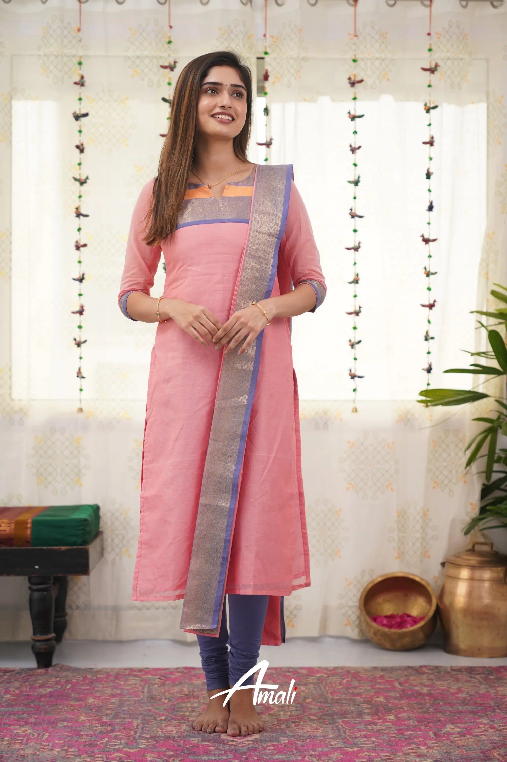 Meera Baby Pink Shade And Blue Tone Cotton Salwar Salwar