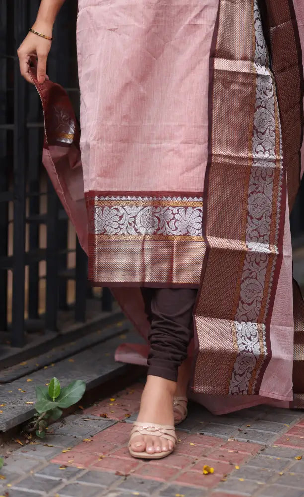 Meera Chettinad Cotton Salwar - Pink and Maroonish Brown salwar