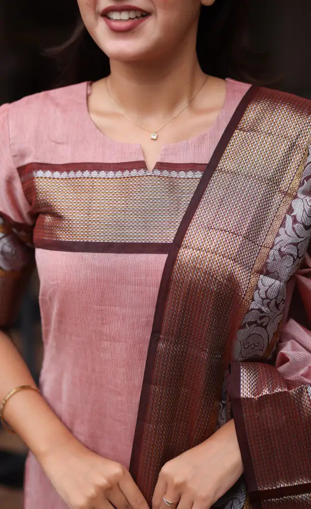 Meera Chettinad Cotton Salwar - Pink and Maroonish Brown salwar
