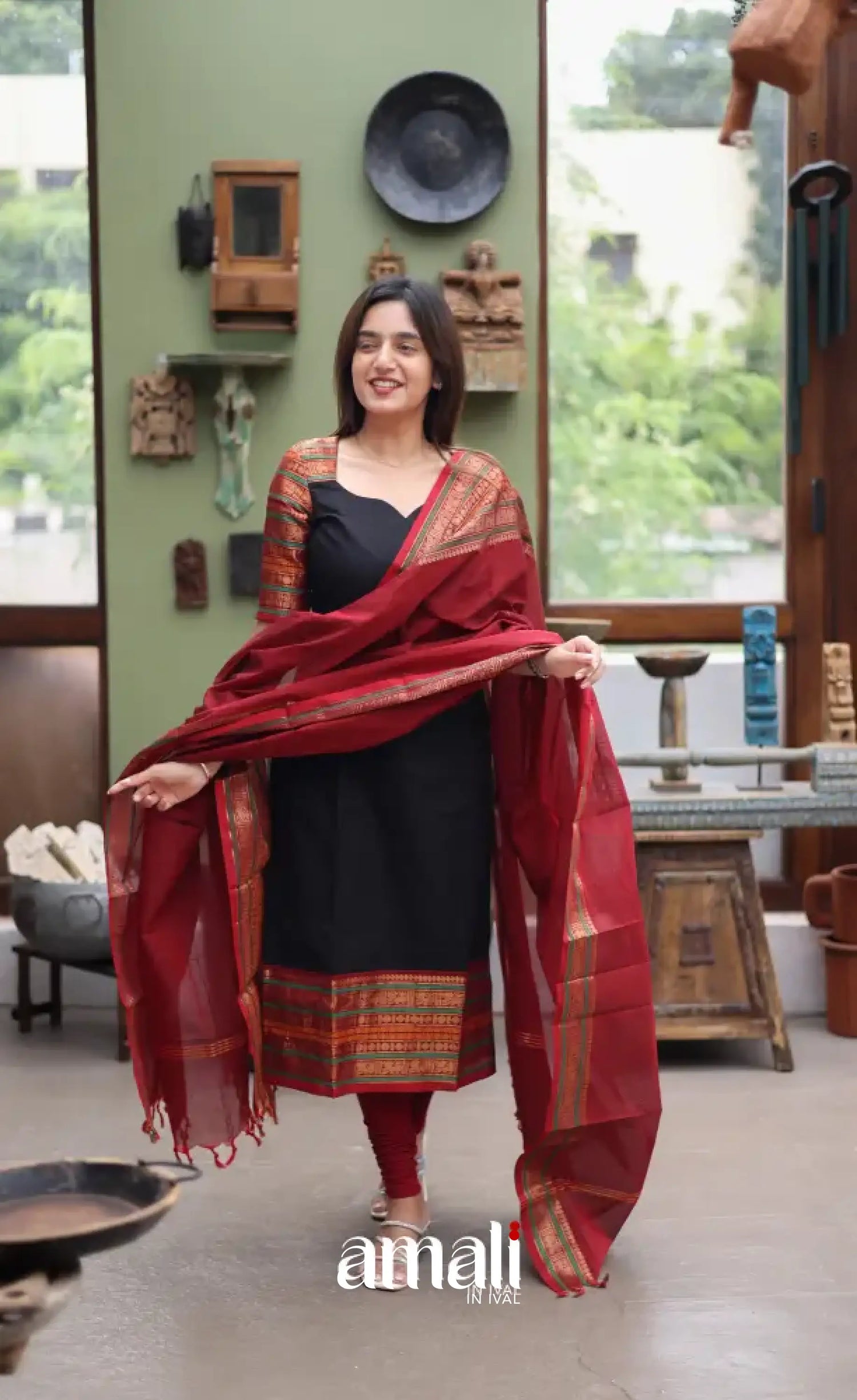 Meera Cotton Salwar - Black and Dark Red Cotton salwar