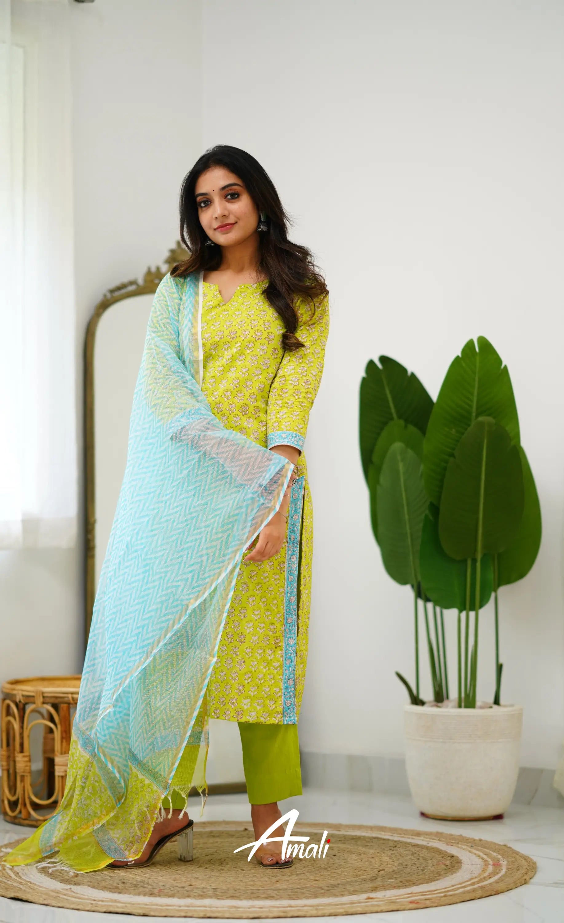 Meera Cotton Salwar - Light Green And Sky Blue Salwar