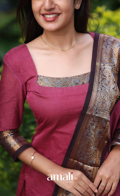 Meera Cotton Salwar - Maroonish Pink and dark brown salwar