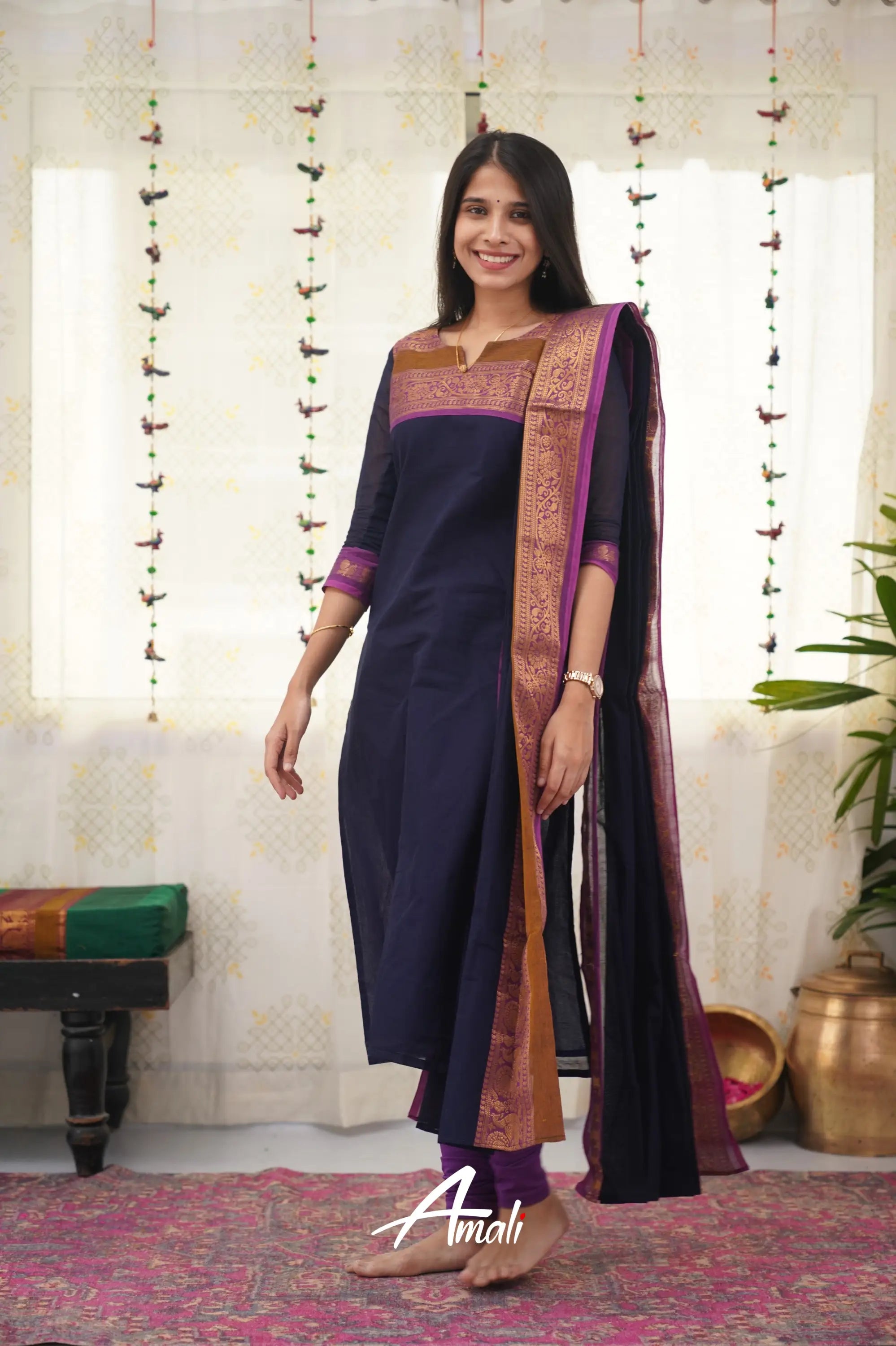 Meera Dark Blue Shade And Purple Tone Cotton Salwar Salwar