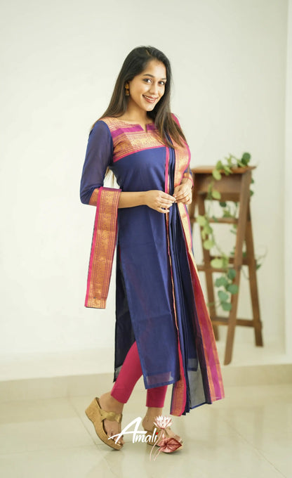 Meera Dark Blue Tone And Magenta Shade Cotton Salwar Salwar