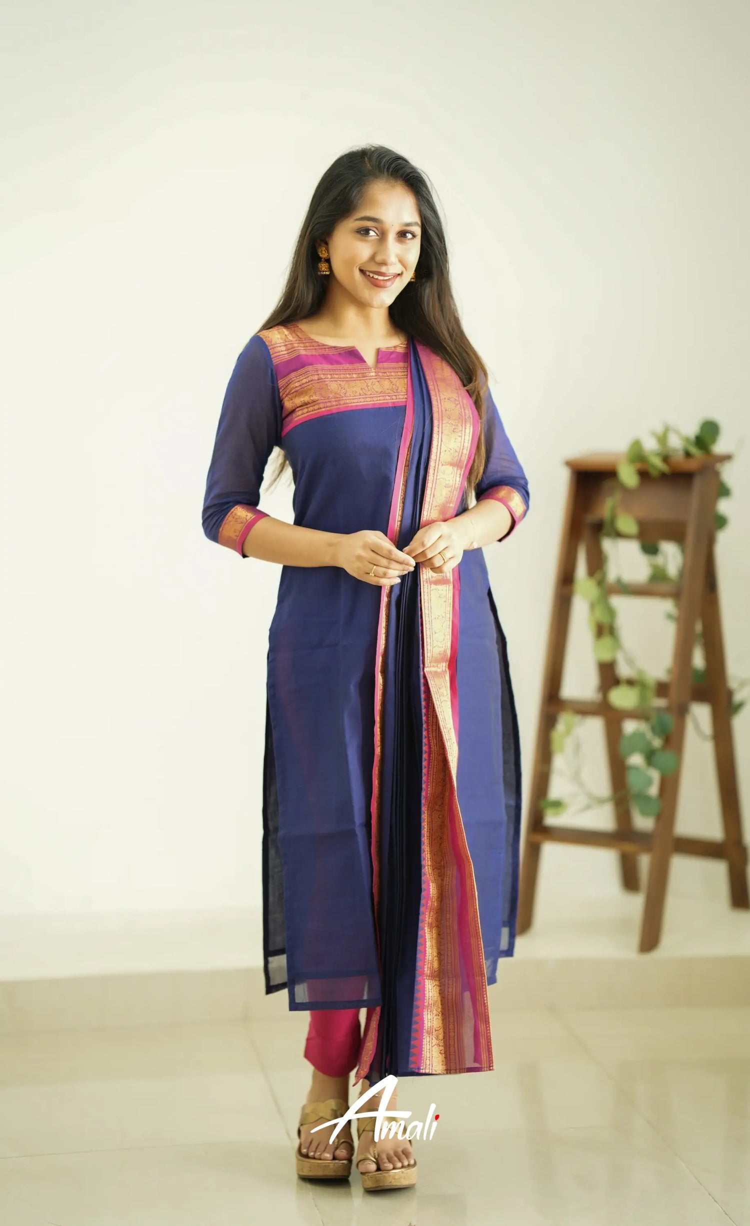 Meera Dark Blue Tone And Magenta Shade Cotton Salwar Salwar