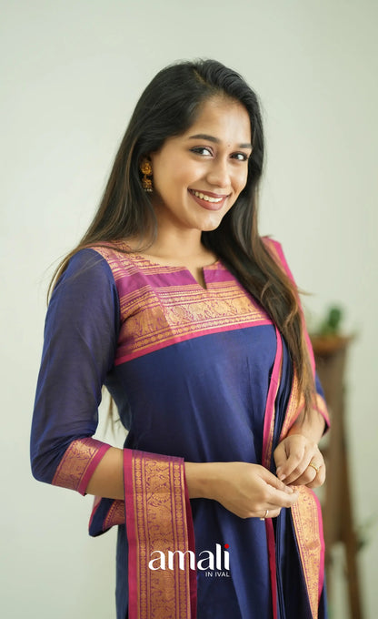 Meera Dark Blue Tone And Magenta Shade Cotton Salwar Salwar