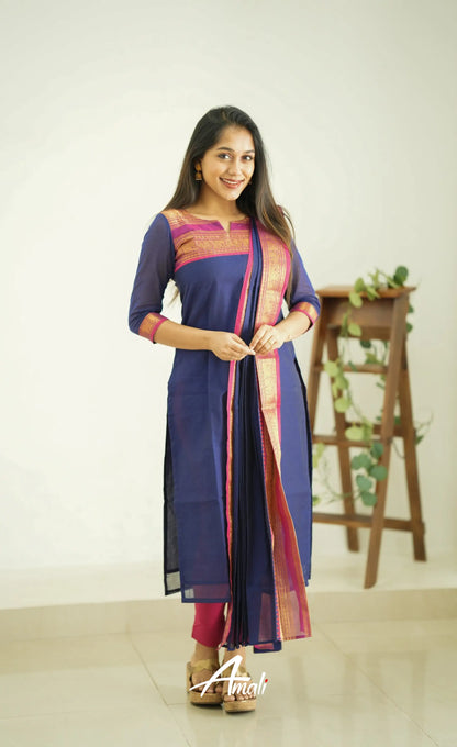 Meera Dark Blue Tone And Magenta Shade Cotton Salwar Salwar