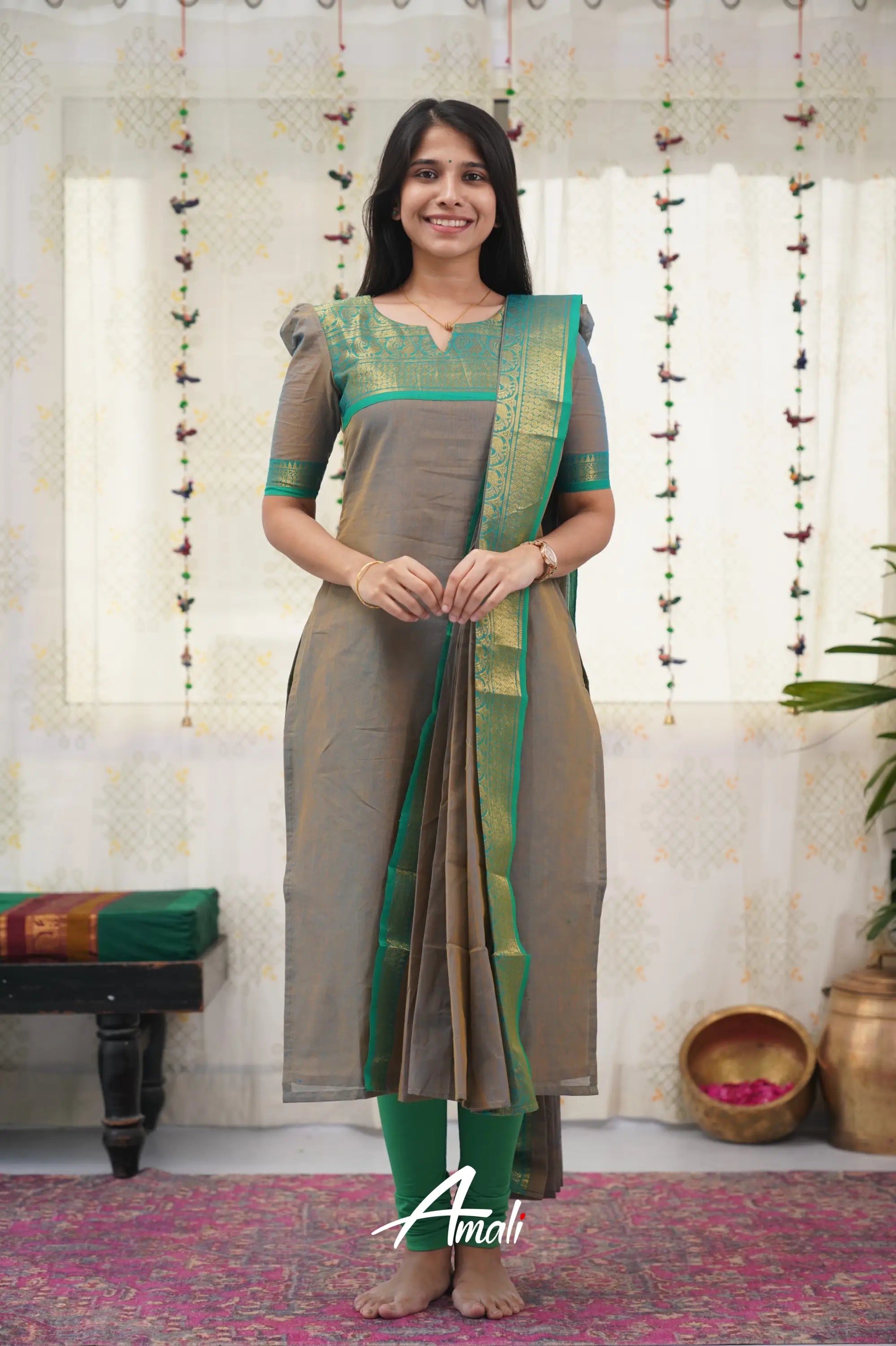 Meera Grey Shade And Teal Green Tone Cotton Salwar Salwar