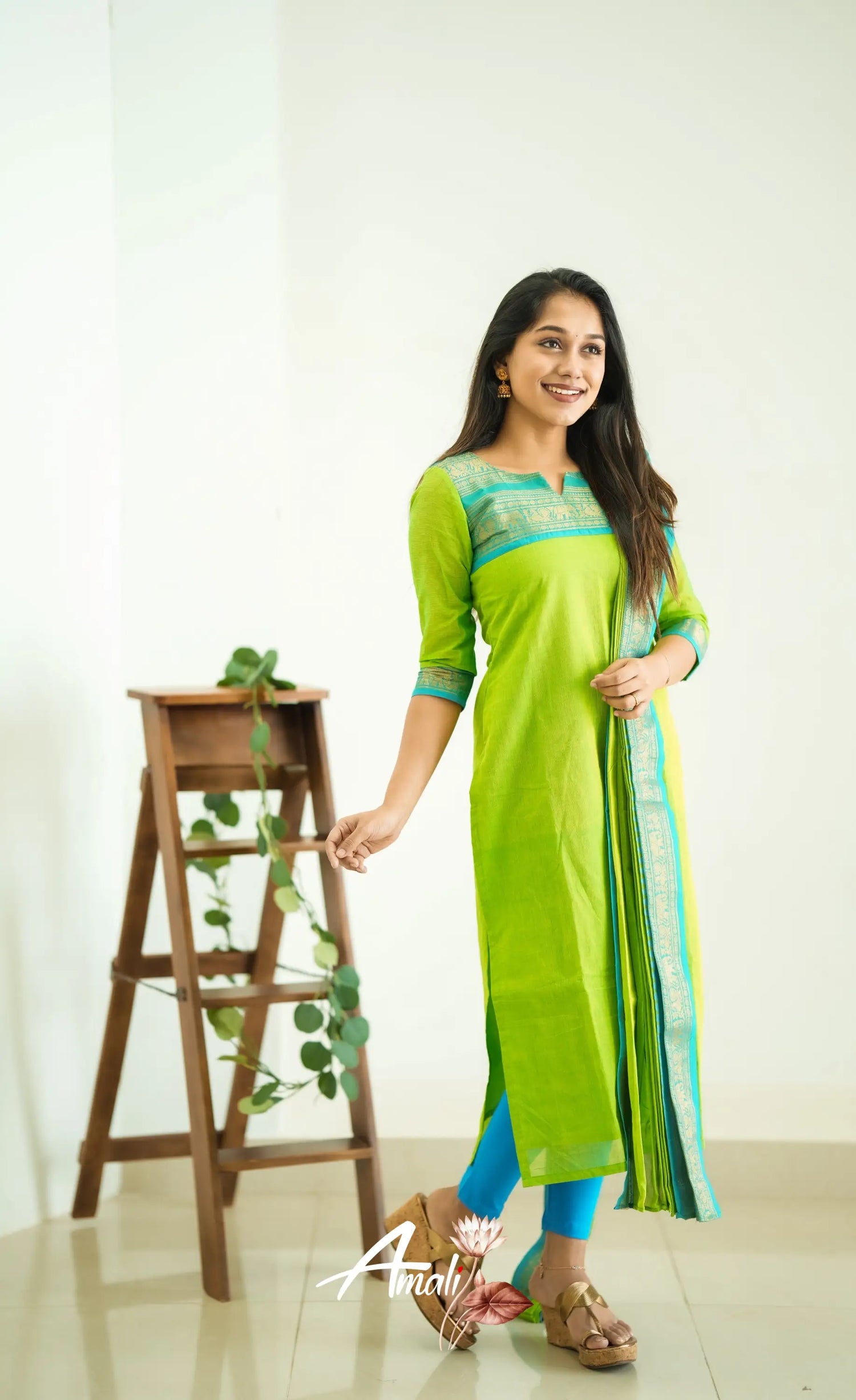 Meera Light Green Tone And Blue Shade Cotton Salwar Salwar