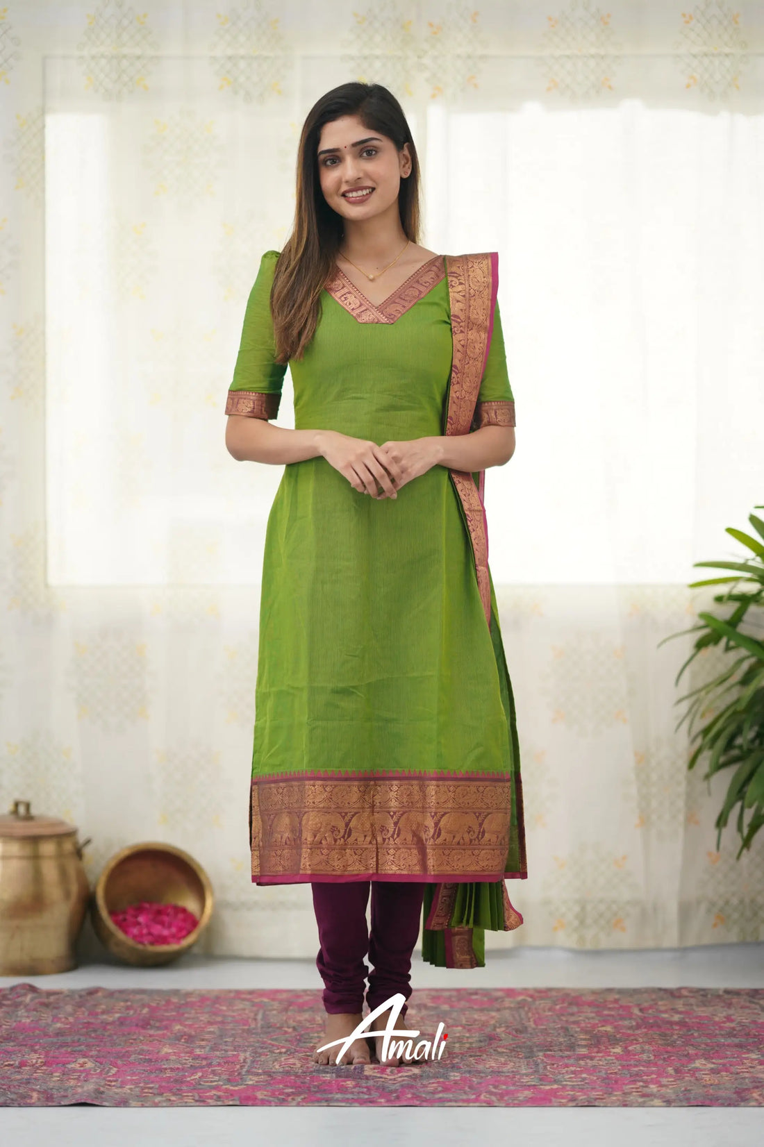 Meera Parrot Green Shade And Pink Tone Cotton Salwar Salwar