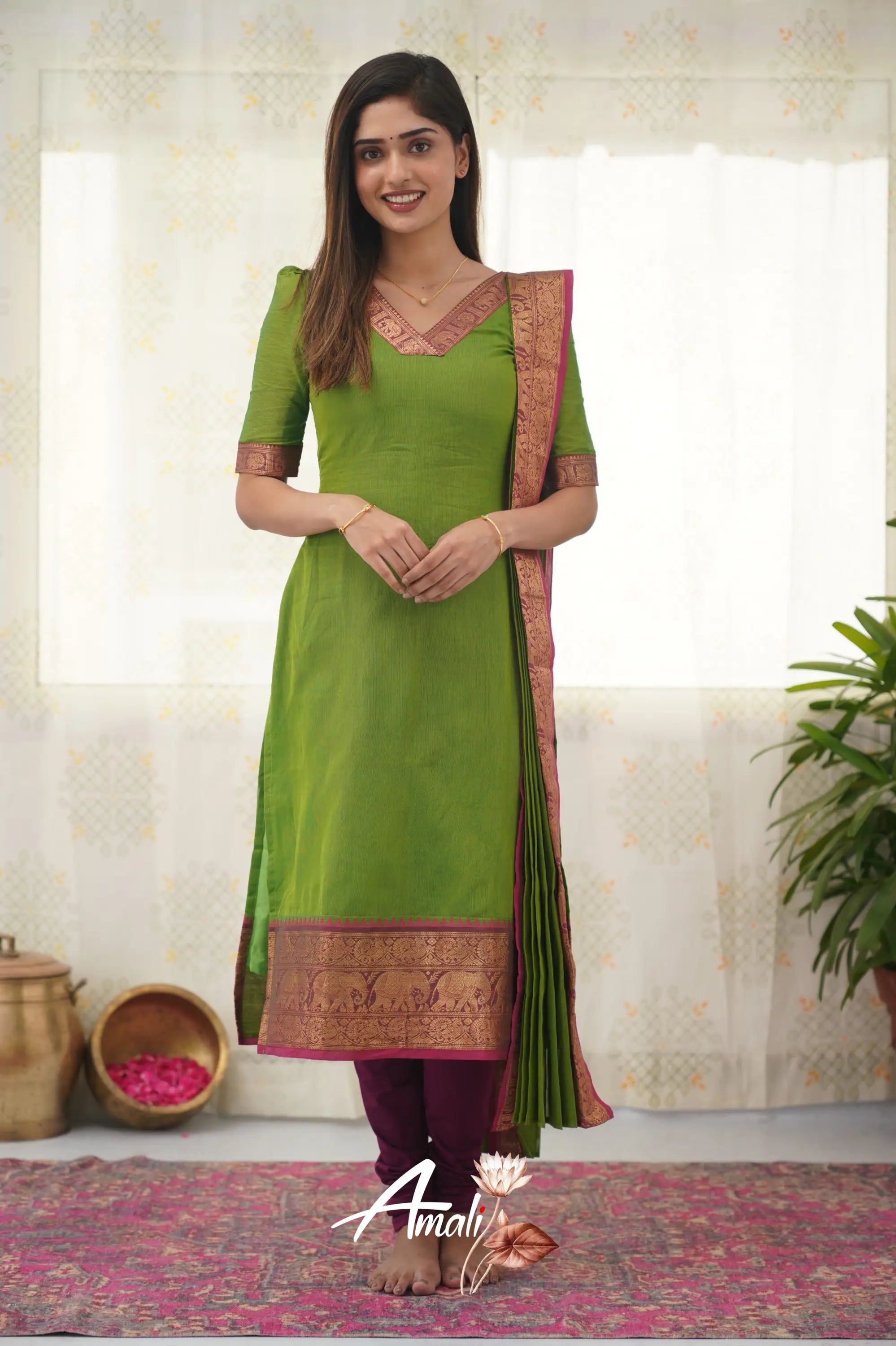 Meera Parrot Green Shade And Pink Tone Cotton Salwar Salwar