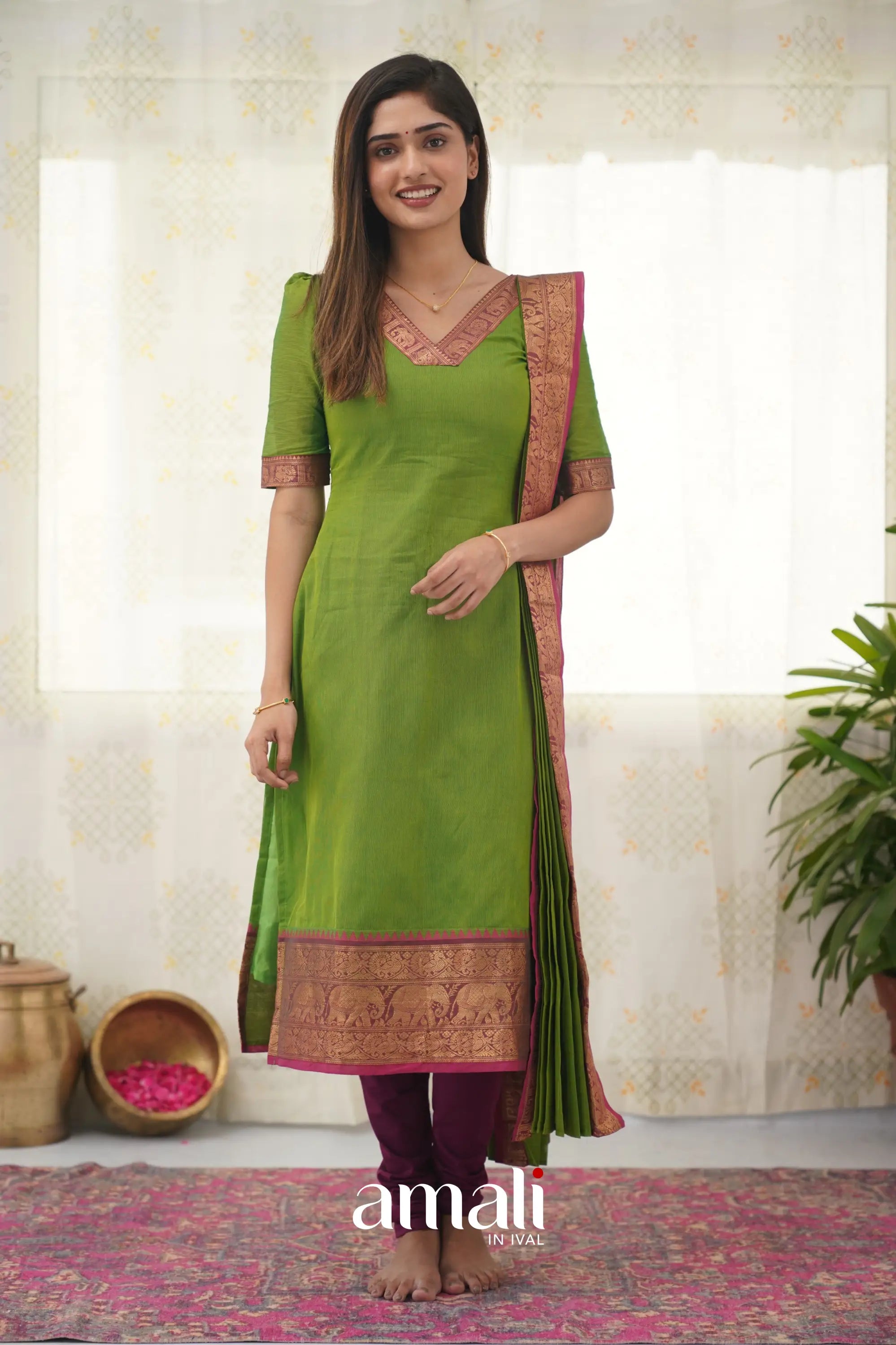 Meera Parrot Green Shade And Pink Tone Cotton Salwar Salwar