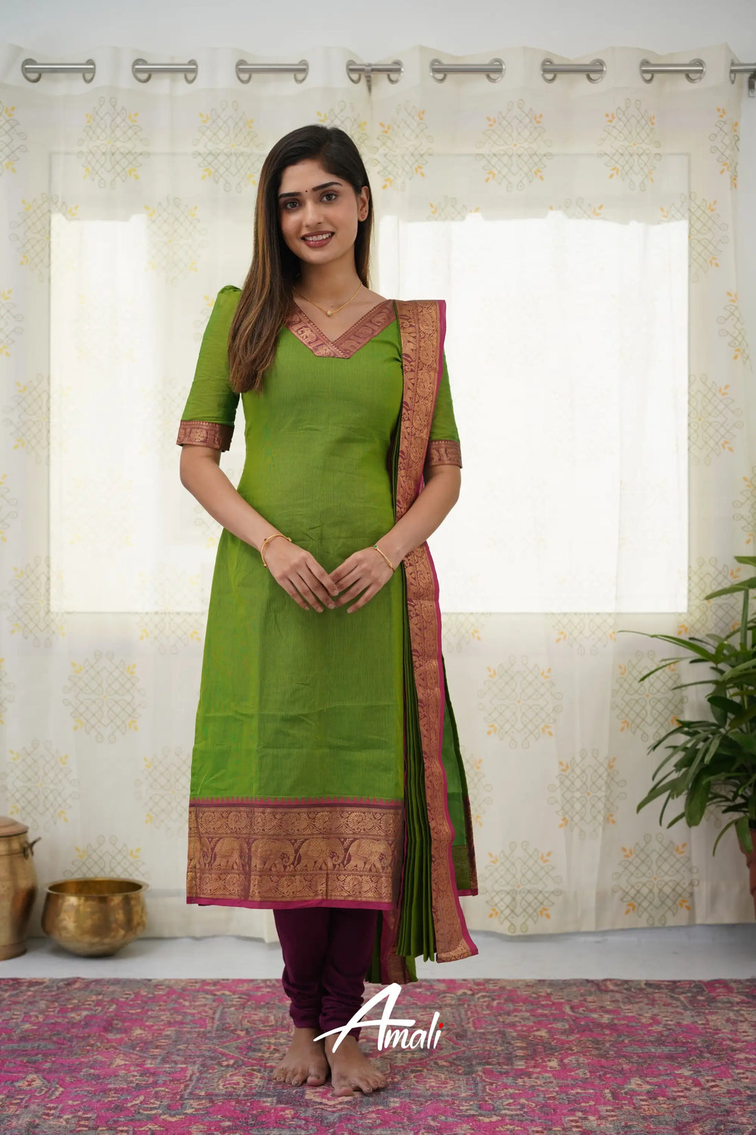 Meera Parrot Green Shade And Pink Tone Cotton Salwar Salwar