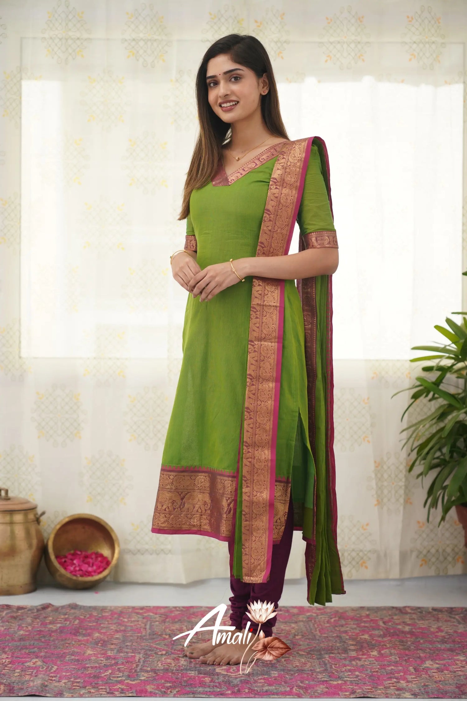 Meera Parrot Green Shade And Pink Tone Cotton Salwar Salwar