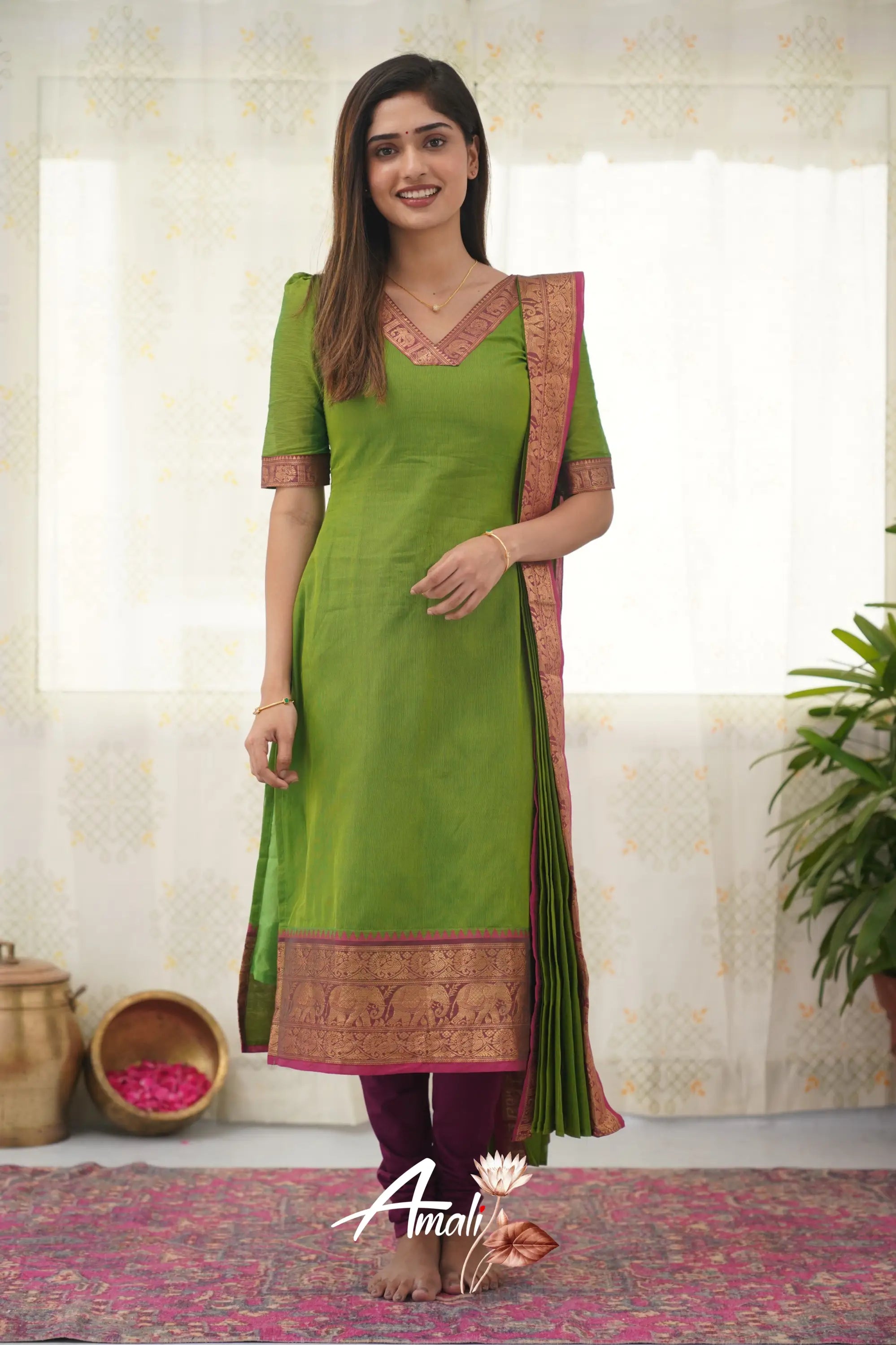 Meera Parrot Green Shade And Pink Tone Cotton Salwar Salwar