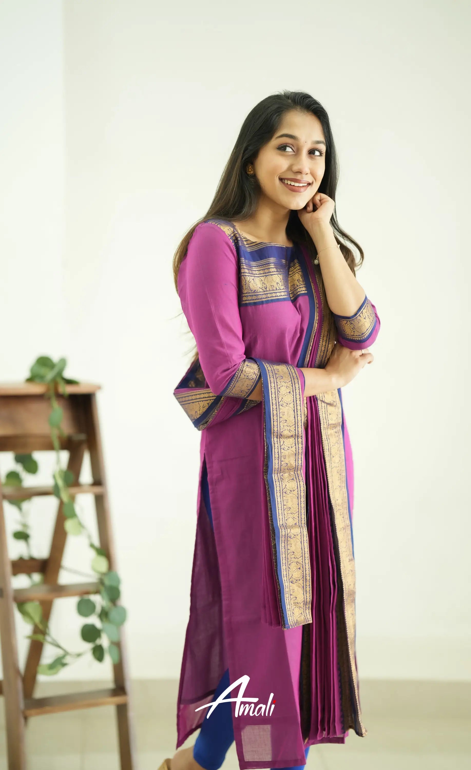 Meera Pinkish Magenta Tone And Navy Blue Shade Cotton Salwar Salwar