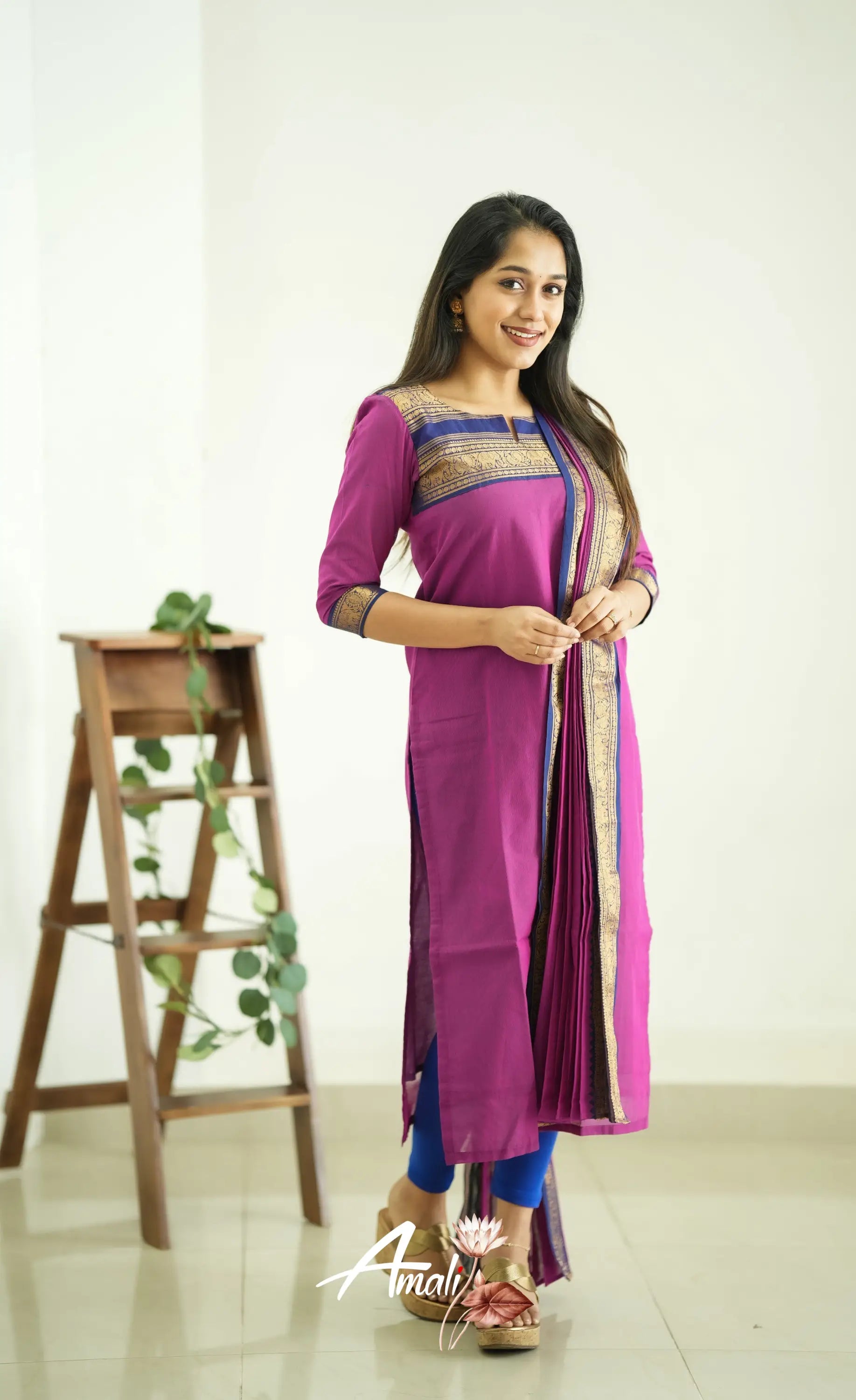 Meera Pinkish Magenta Tone And Navy Blue Shade Cotton Salwar Salwar