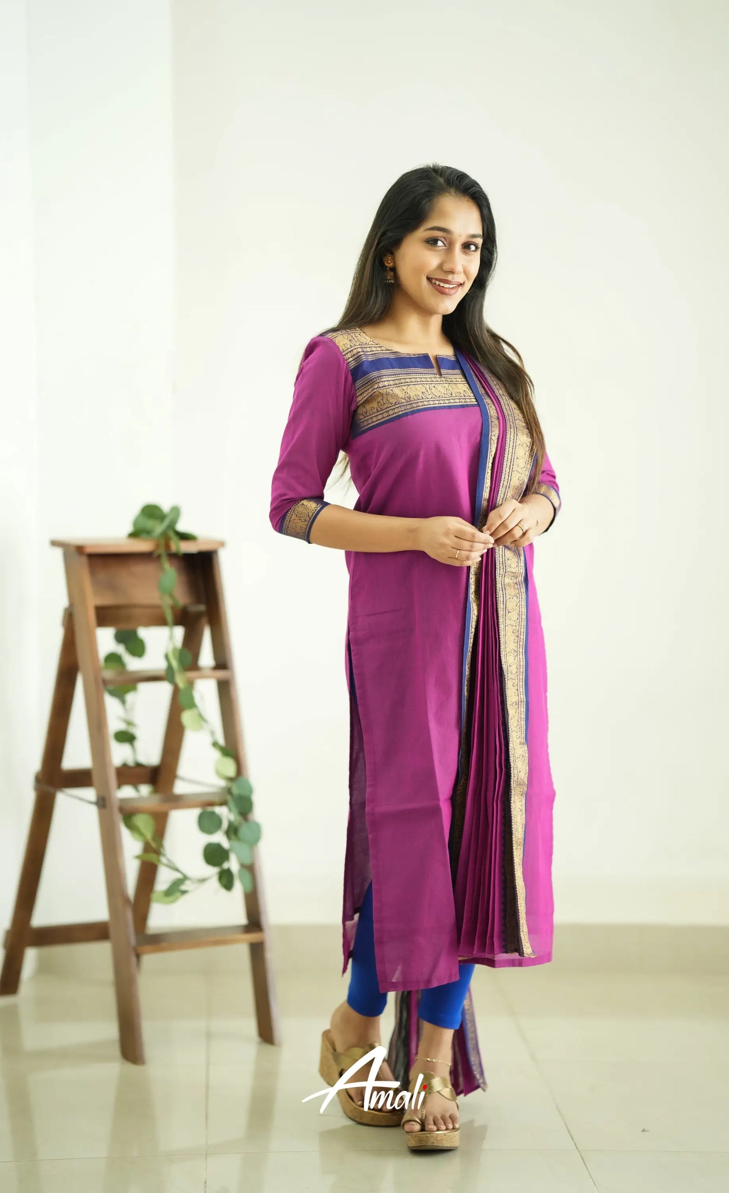 Meera Pinkish Magenta Tone And Navy Blue Shade Cotton Salwar Salwar