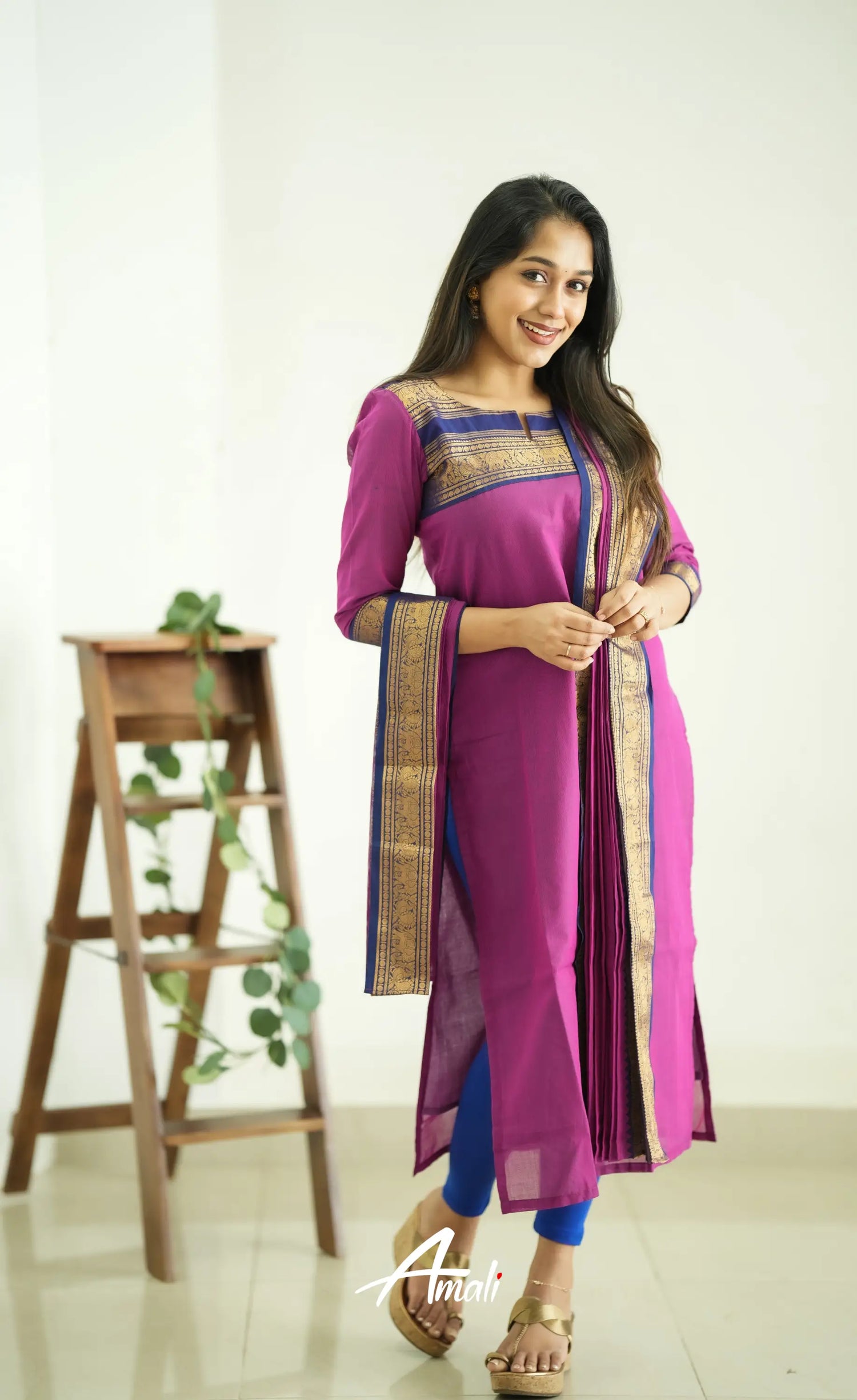 Meera Pinkish Magenta Tone And Navy Blue Shade Cotton Salwar Salwar