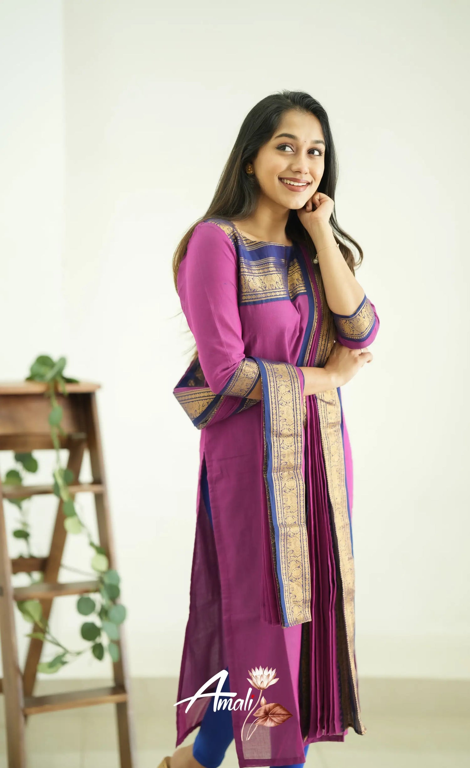 Meera Pinkish Magenta Tone And Navy Blue Shade Cotton Salwar Salwar