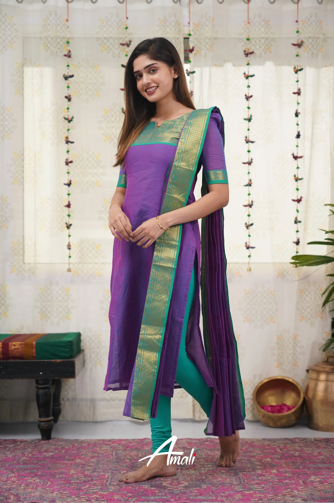 Meera Purple Shade And Teal Green Tone Cotton Salwar Salwar