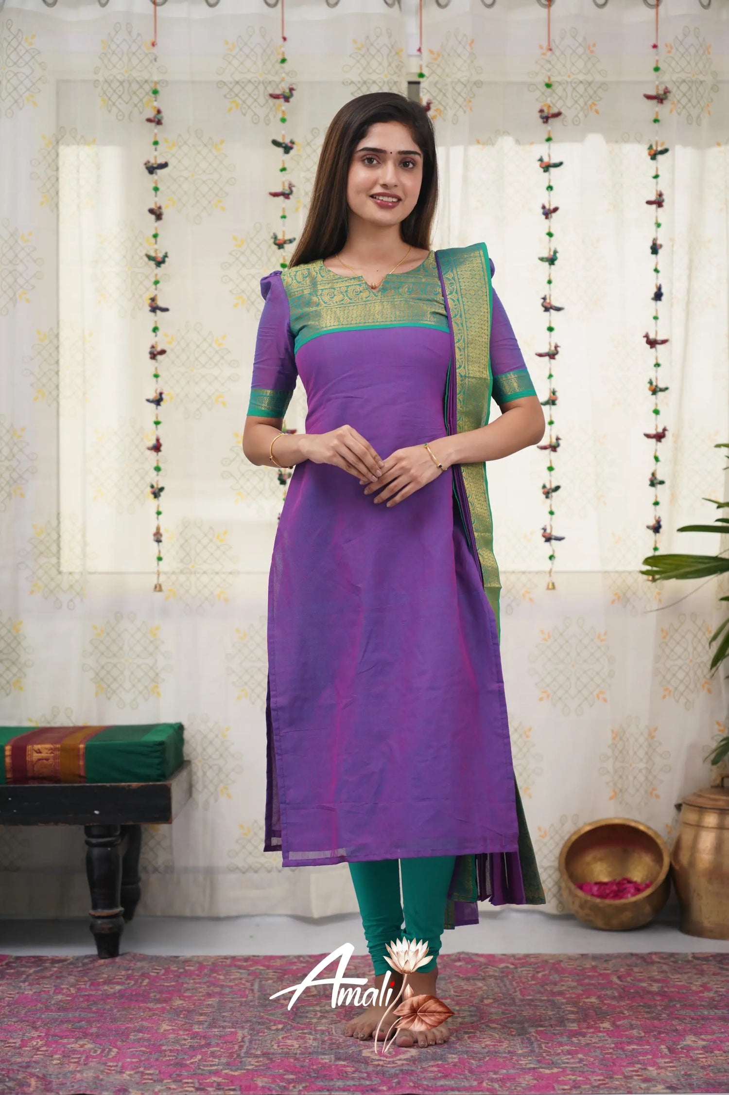 Meera Purple Shade And Teal Green Tone Cotton Salwar Salwar