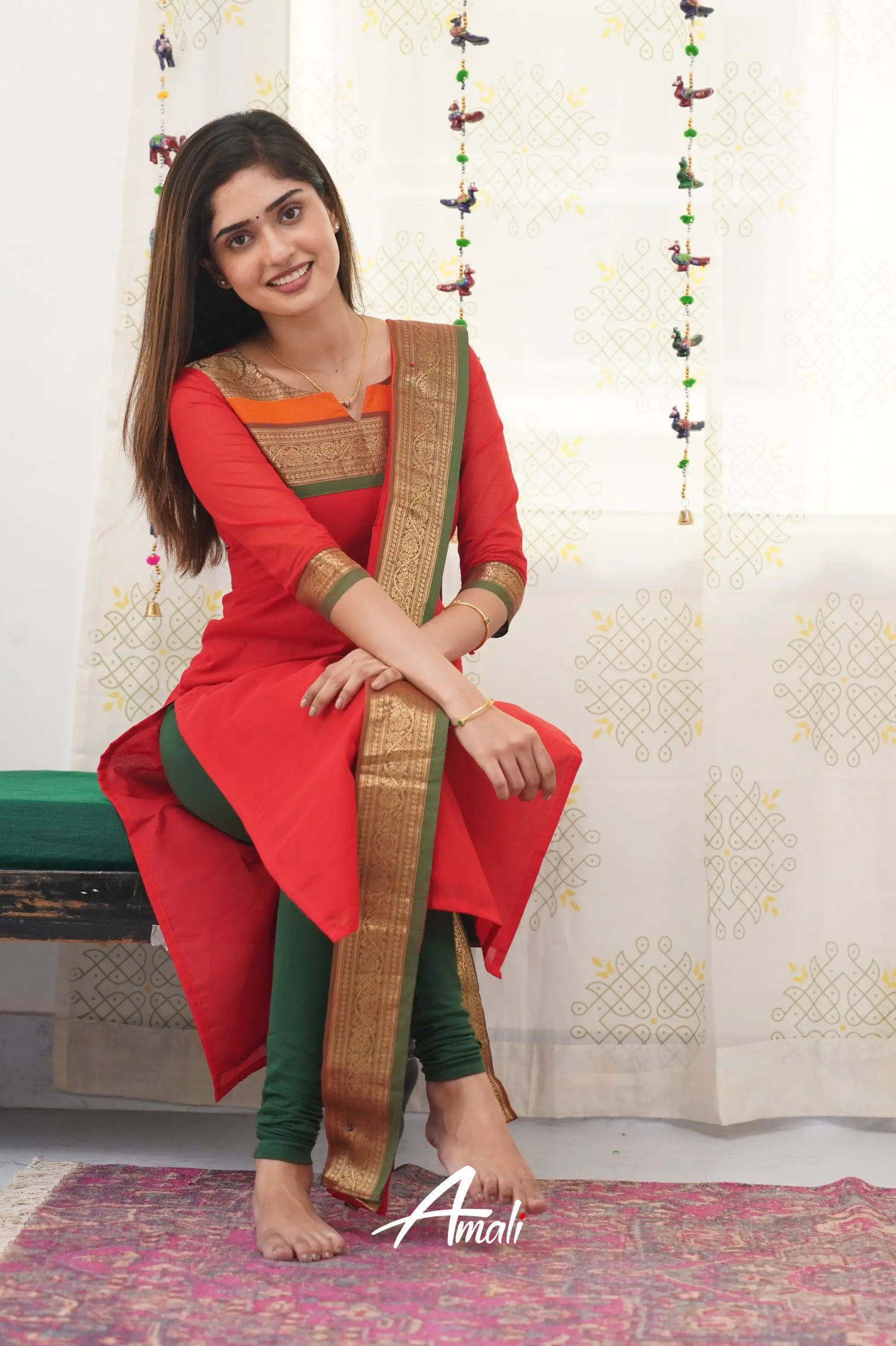 Meera Red Shade And Bottle Green Tone Cotton Salwar Salwar