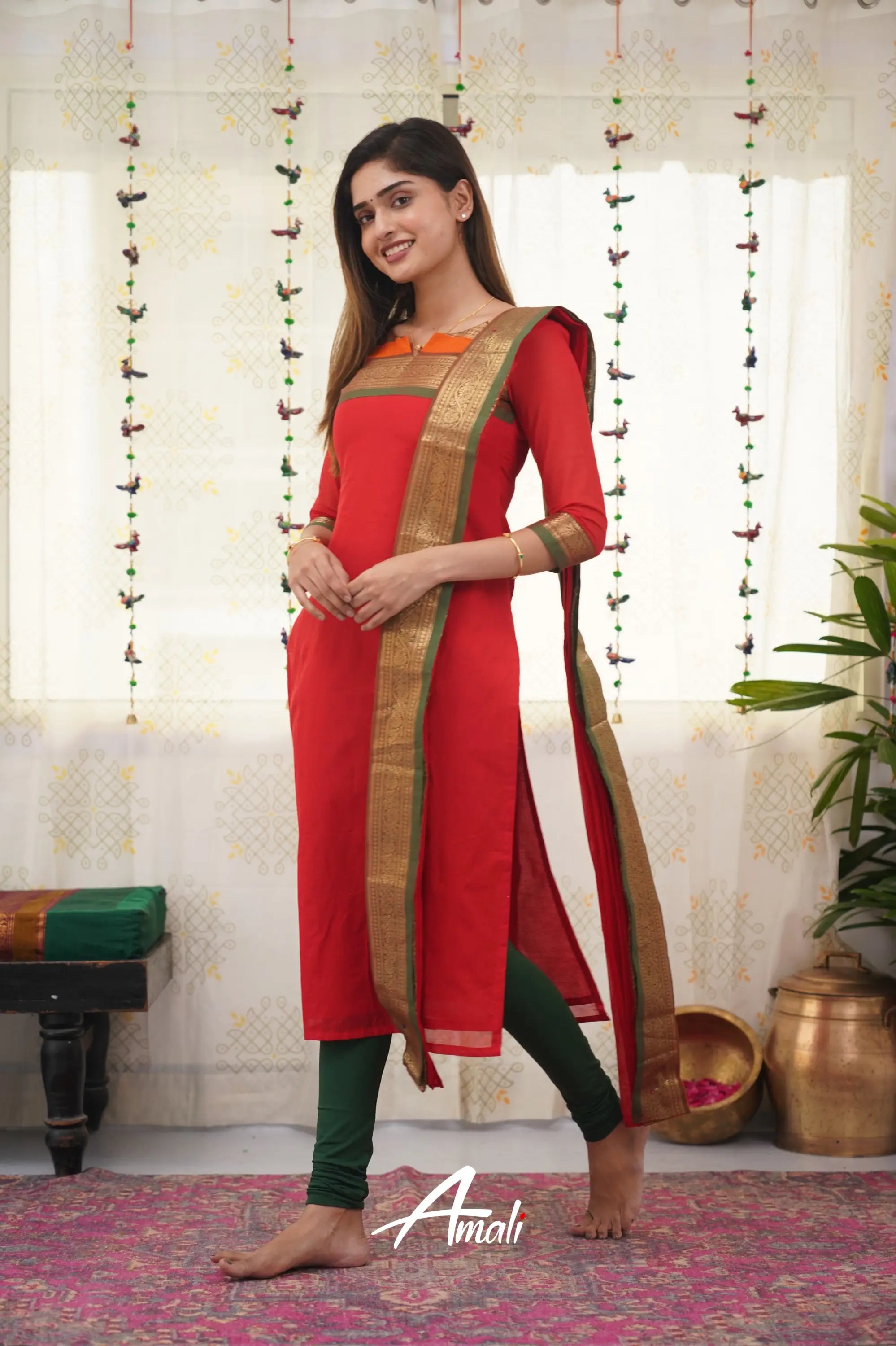 Meera Red Shade And Bottle Green Tone Cotton Salwar Salwar