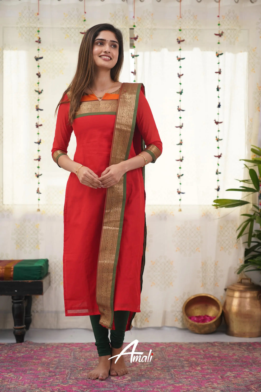 Meera Red Shade And Bottle Green Tone Cotton Salwar Salwar