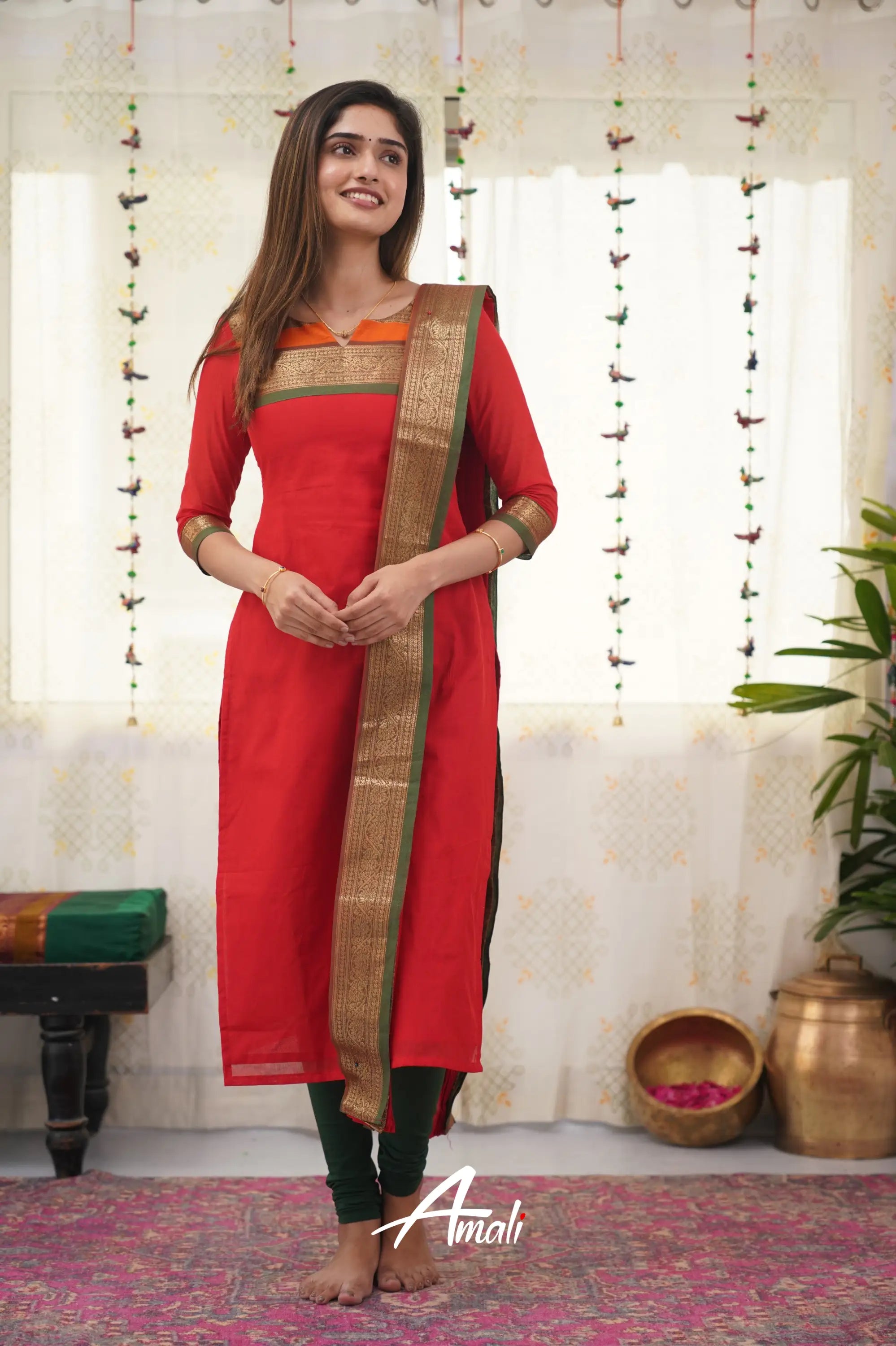 Meera Red Shade And Bottle Green Tone Cotton Salwar Salwar