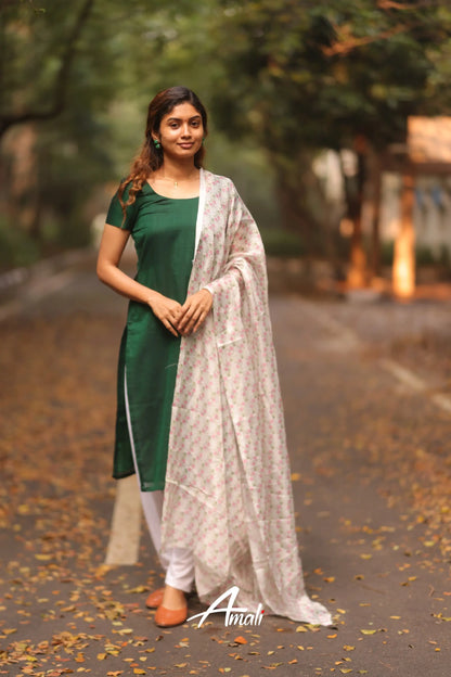 Meera Salwar - Green With Printed Kota Dupatta Salwar