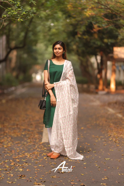 Meera Salwar - Green With Printed Kota Dupatta Salwar