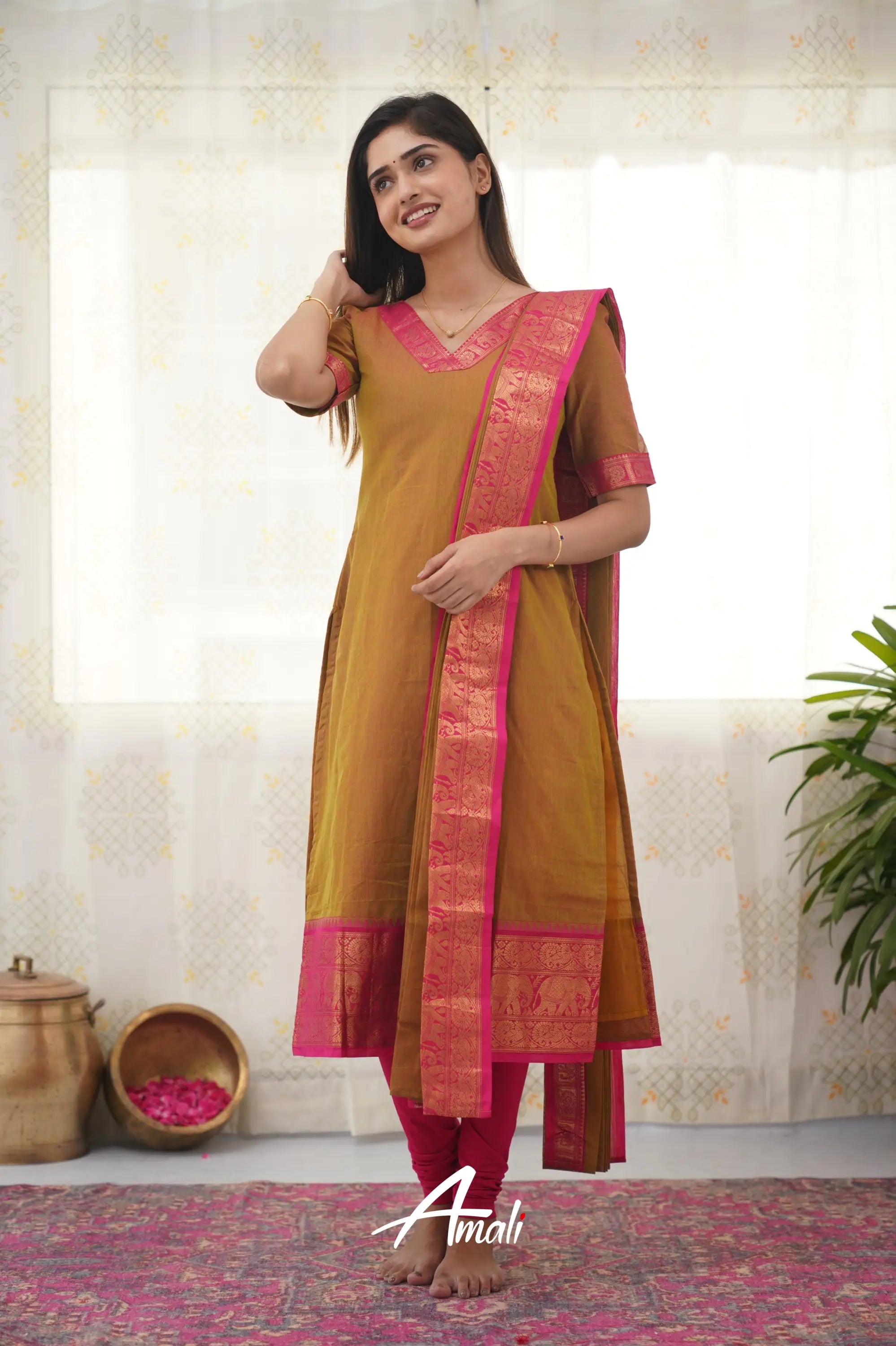 Meera Two Tone Henna Mustard Shade And Pink Tone Cotton Salwar Salwar